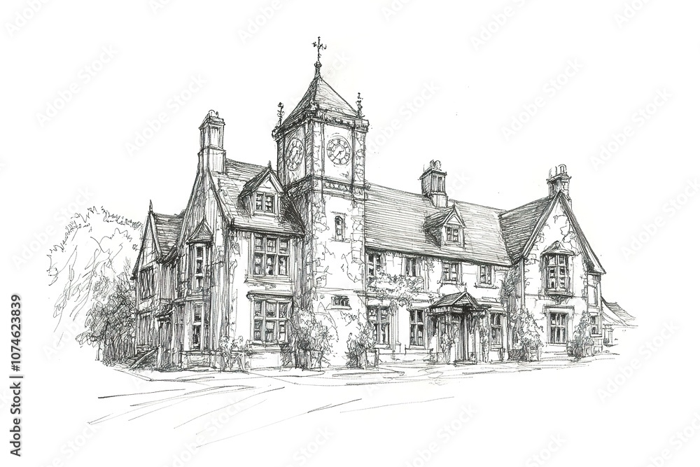 Fototapeta premium Old english stone cottage, sketch collection 