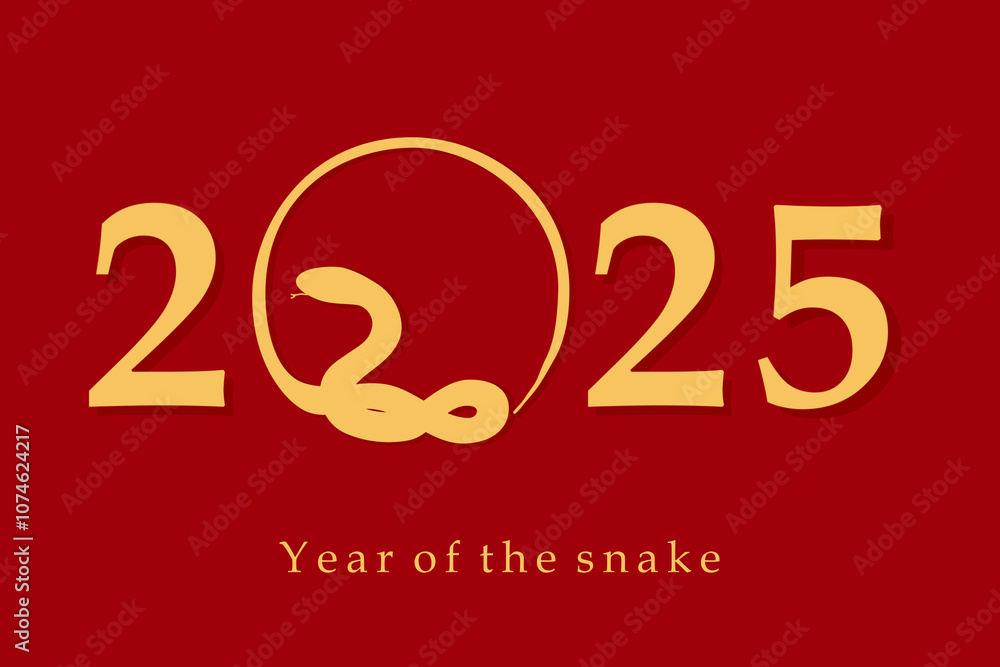 Golden snake curled up to 2025 Chinese new year card in red background. Year of the snake simple celebration china Golden snake curled up to 2025 Chinese new year card in red background. Year of the snake simple celebration china