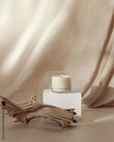 A white candle on a beige background, exuding a calm and minimalist aesthetic photo