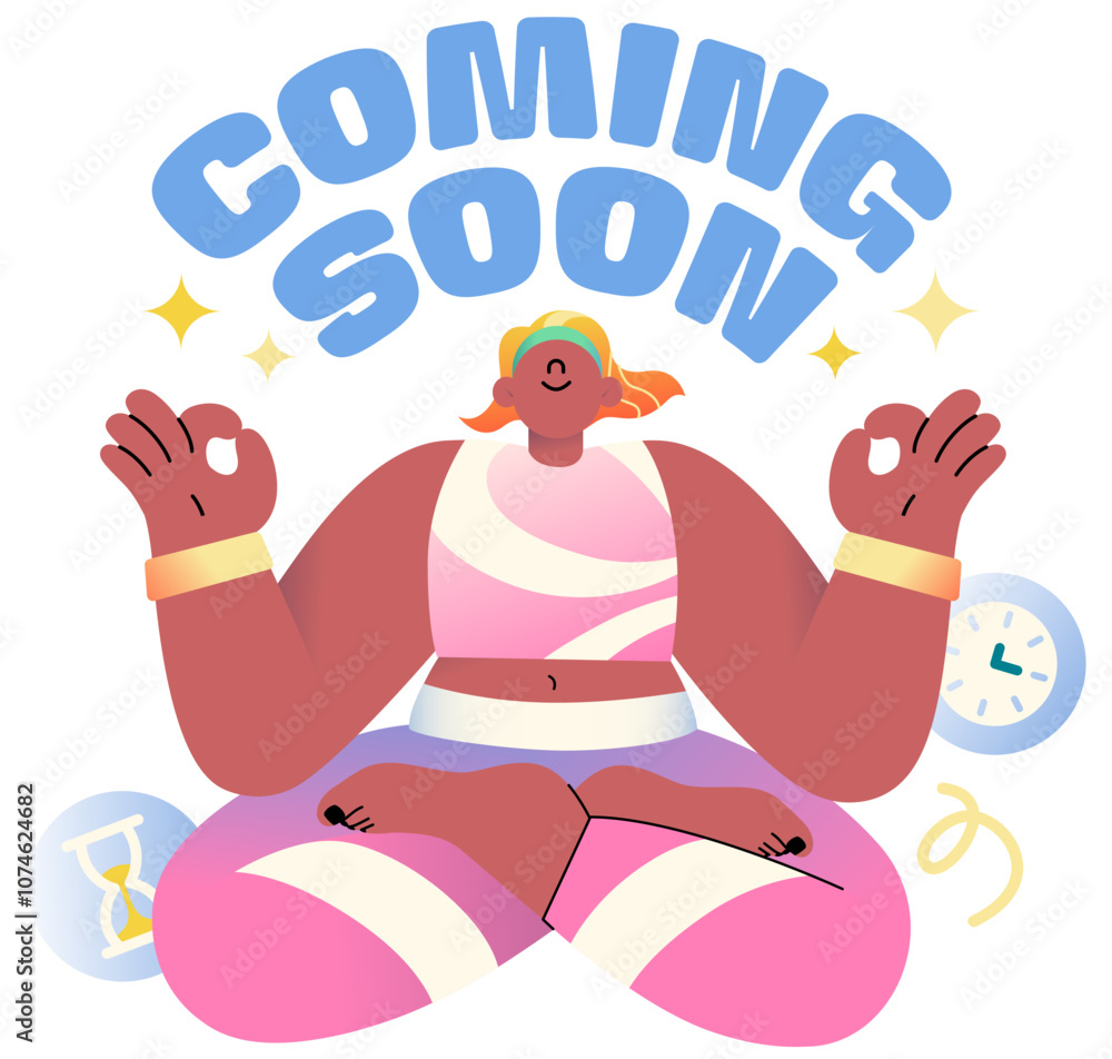 Fototapeta premium Coming Soon text with a meditating woman lettering