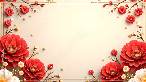 Red paper flowers with gold frame on beige background. Chinese new year, wedding or celebration greeting card design