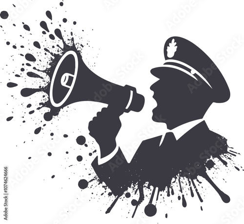 Silhouette of a person in a military uniform holding a megaphone surrounded by ink splatters in a minimalist graphic style