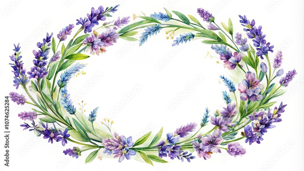 A Watercolor Wreath of Lavender Flowers, Branches, and Leaves, Perfect for Springtime Designs and Invitations A Watercolor Wreath of Lavender Flowers, Branches, and Leaves, Perfect for Springtime Designs and Invitations