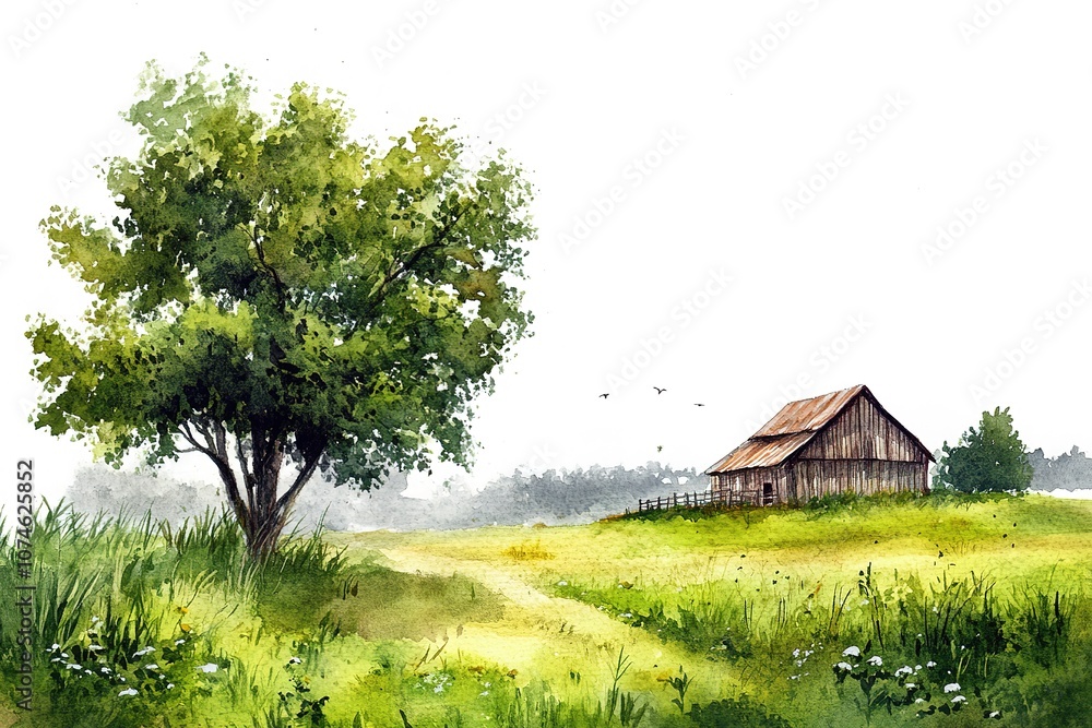 Obraz premium Watercolor rural landscape. Barn, stable in the village. Cart with hay, hedge on the background of the forest. Digital painting. Drawing watercolor. Travel and vacation concept. 