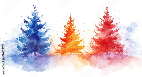 Christmas trees Vector watercolor illustration,Forest, fir trees, pine trees, woods watercolor illustration,festival set
