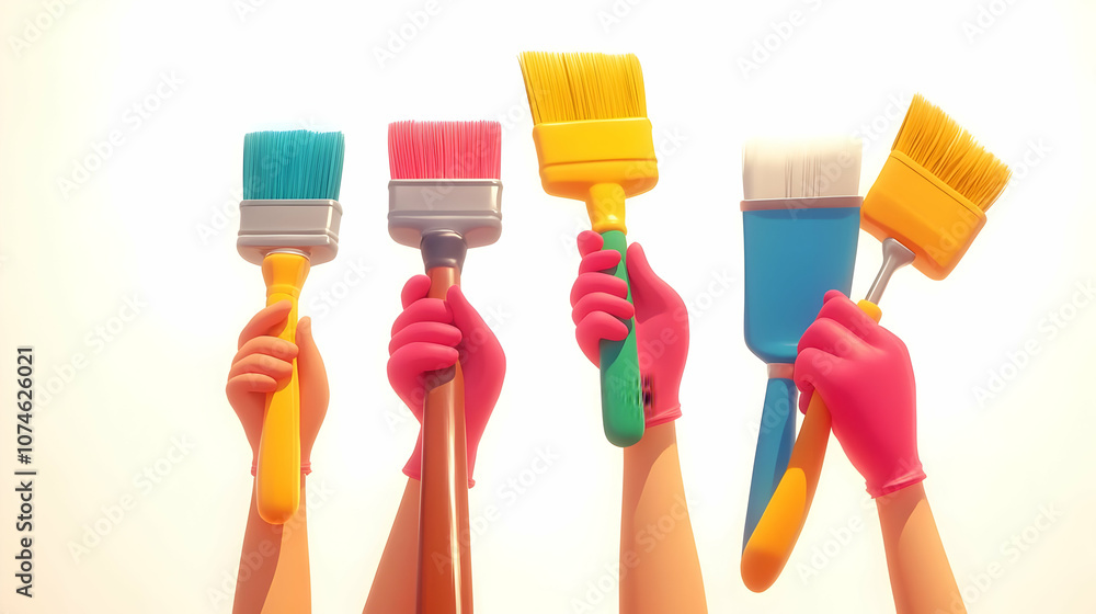 3D Illustration of Hands Holding Paint Brushes 3D Illustration of Hands Holding Paint Brushes