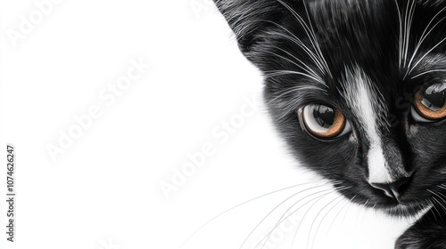 Intense gaze of a black and white cat, half-face view photo