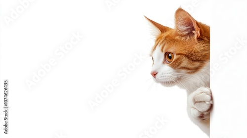 Curious ginger cat peeking around the corner intently.