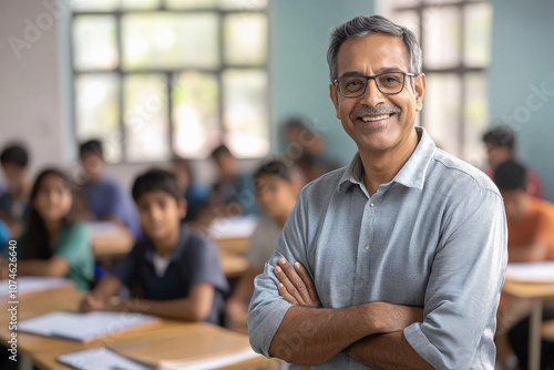 A middle-aged Indian male teacher with glasses standing in front of students sitting at desks