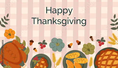 Thanksgiving dinner banner. Roasted turkey and different dishes on the table. Thanksgiving background. Top view.