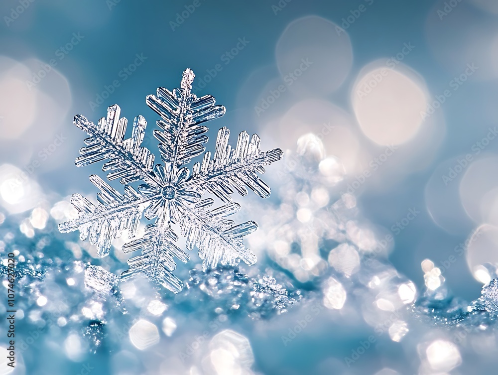 Close-up image of intricate snowflakes resting on a frosty surface with a soft pastel blue and pink background in winter. Close-up image of intricate snowflakes resting on a frosty surface with a soft pastel blue and pink background in winter.