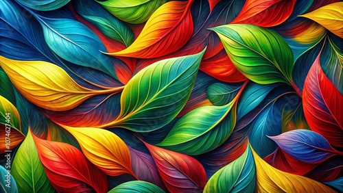 A vibrant and abstract tapestry of leaves in various shades of blue, yellow, green, and red, showcasing the beauty of nature's palette.