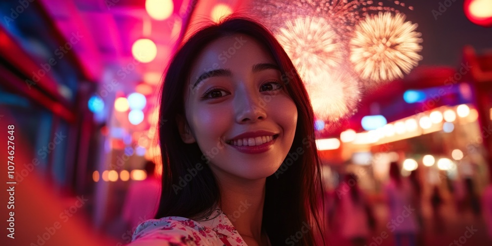 A young woman smiles brightly as fireworks light up the night sky. The vibrant colors enhance the festive atmosphere. This photo captures joy and celebration. Perfect for event promotions. AI A young woman smiles brightly as fireworks light up the night sky. The vibrant colors enhance the festive atmosphere. This photo captures joy and celebration. Perfect for event promotions. AI