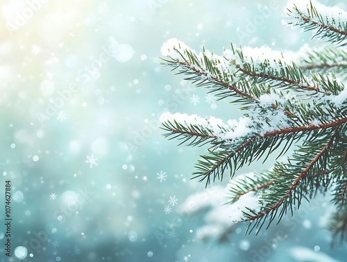 Close-up image of intricate snowflakes resting on a frosty surface with a soft pastel blue and pink background in winter.