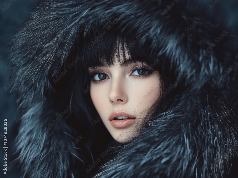Beautiful girl in a black fur coat with a hood on a dark background. Beautiful girl in a black fur coat with a hood on a dark background.
