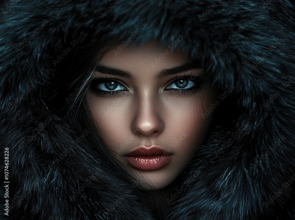Beautiful girl in a black fur coat with a hood. Beautiful girl in a black fur coat with a hood.