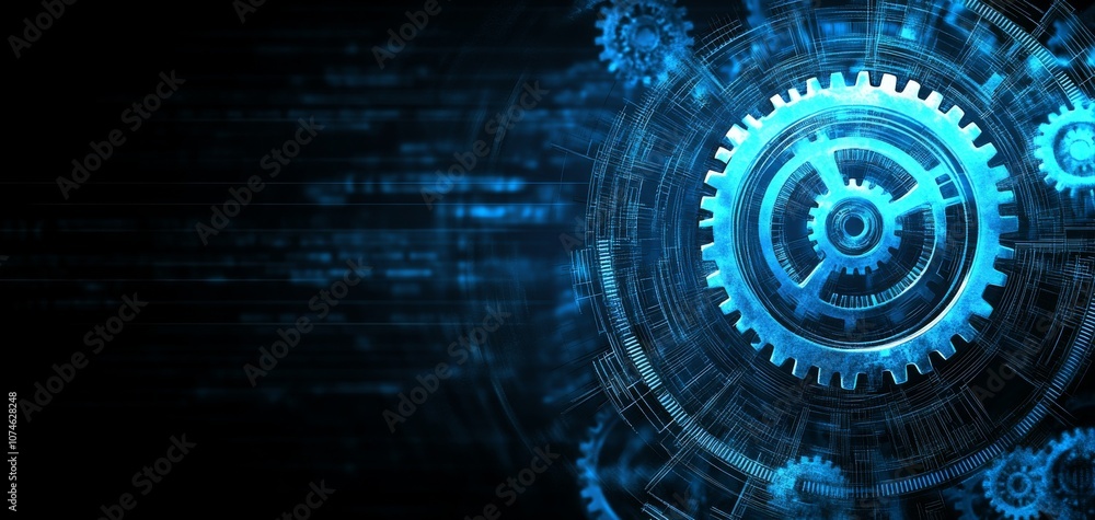 A close-up view of a digital blue gear with glowing elements, representing innovation and mechanics in technology and engineering. A close-up view of a digital blue gear with glowing elements, representing innovation and mechanics in technology and engineering.