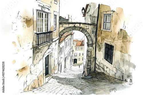 Arco Scoppa, 17th century arch in the historic center of Ostuni, Puglia, Italia, watercolor sketch illustration.
