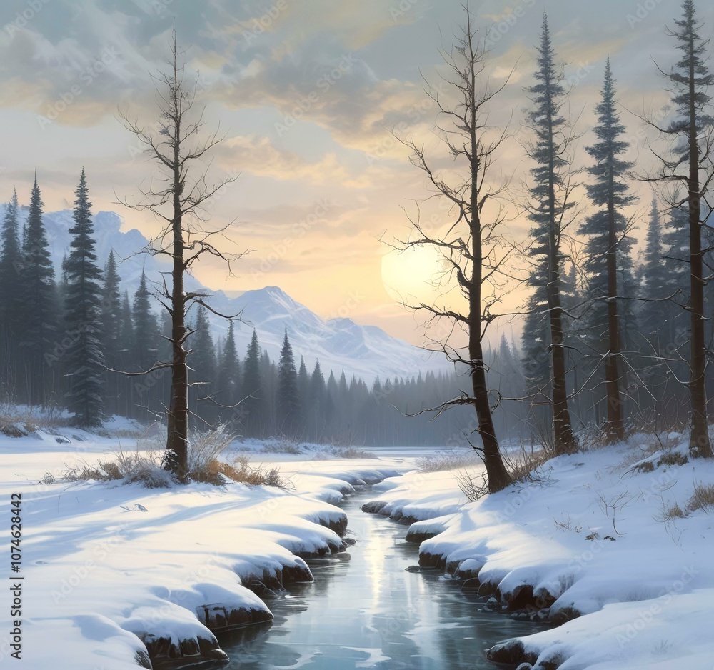 Winter landscape with mountain behind. Winter landscape with mountain behind.