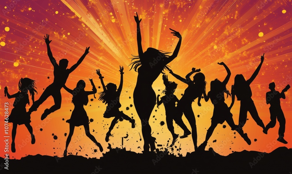 Silhouettes dancing against vibrant sunset background, joyful celebration, energy Silhouettes dancing against vibrant sunset background, joyful celebration, energy
