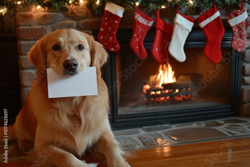 Festive canine with card by holiday fireplace scene photo