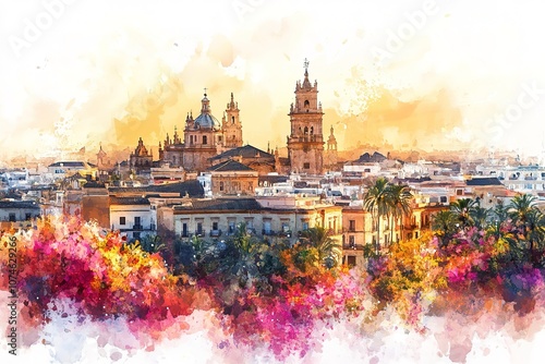 Watercolor painting of the old city in Seville, Spain, with spring flowers and buildings, during the golden hour, in soft pastel colors. white Background
