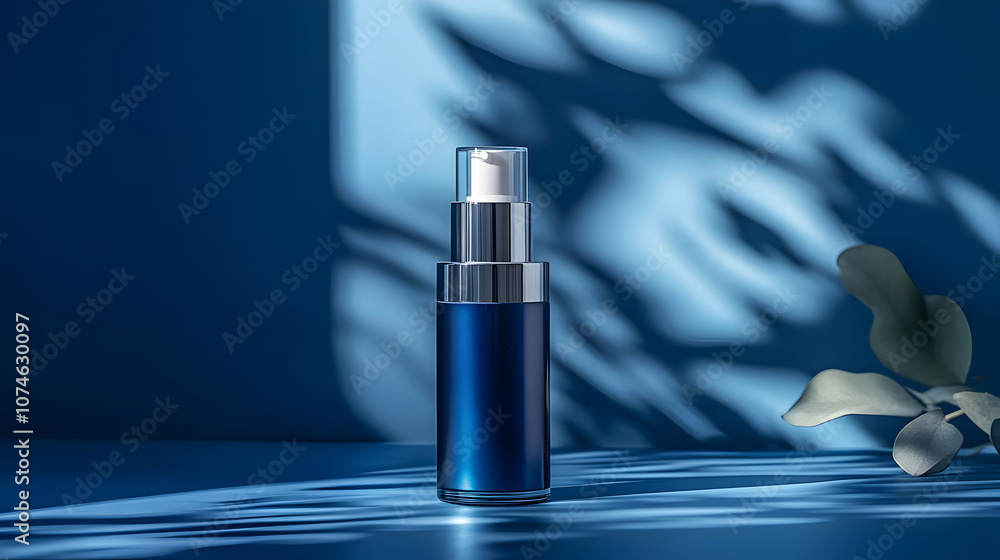 Blue Glass Bottle with Silver Top on Blue Background with Shadows Illustration Blue Glass Bottle with Silver Top on Blue Background with Shadows Illustration