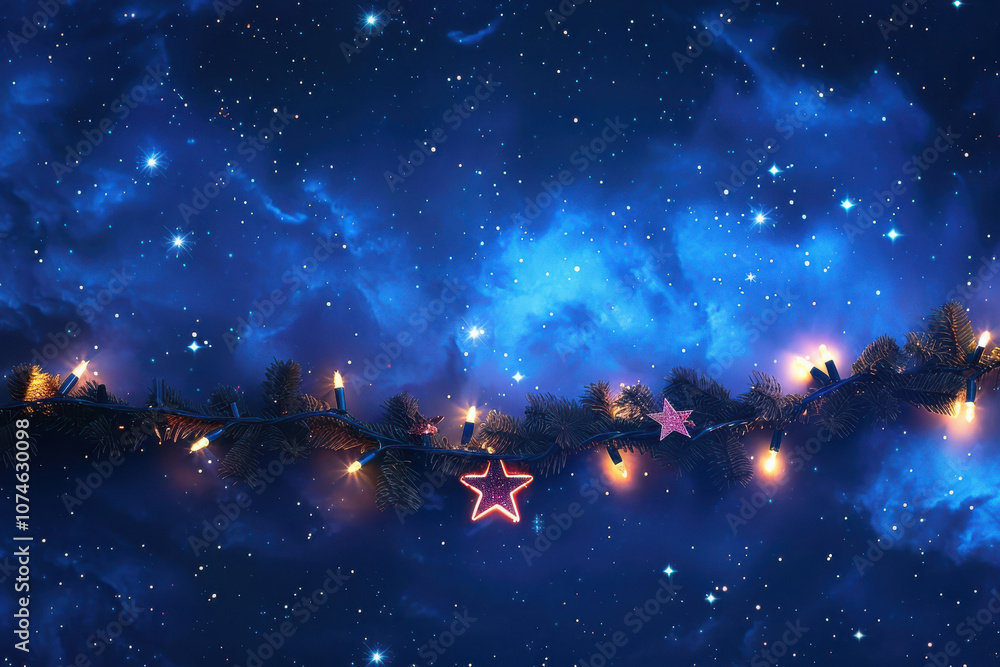 Fototapeta premium close up horizontal image of a glowing decorative christmas lights in front of a starry blue sky