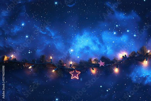 close up horizontal image of a glowing decorative christmas lights in front of a starry blue sky