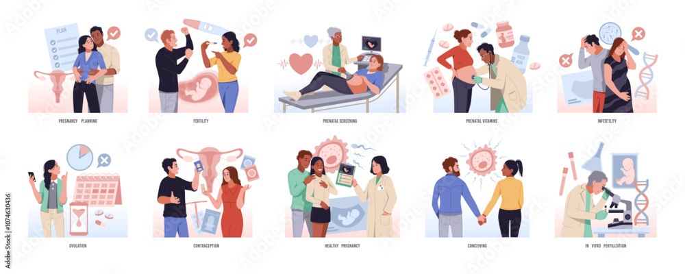 Pregnancy planning. Artificial conception in vitro, human fertilization, parents with doctors in lab, infertility treatment, gynecological consultation cartoon flat isolated tidy vector set