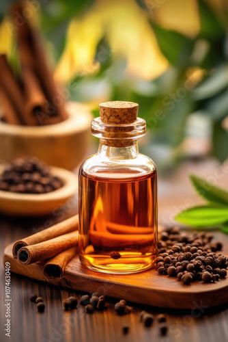 Cumin and Celestial Persian-type essential oil in a glass bottle with a wooden cap