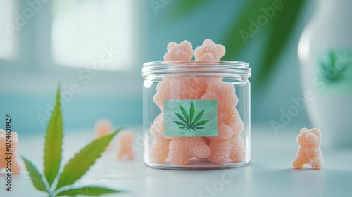 A jar filled with gummy labeled with a cannabis leaf design, placed beside a green cannabis leaf and set in a bright, airy environment.