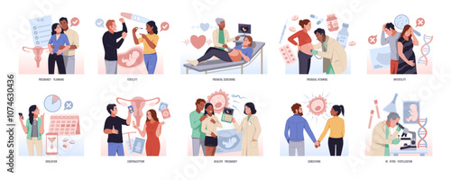 Pregnancy planning. Artificial conception in vitro, human fertilization, parents with doctors in lab, infertility treatment, gynecological consultation cartoon flat isolated tidy vector set
