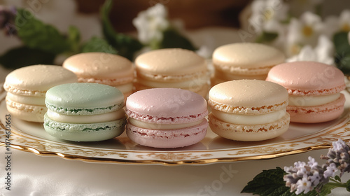 Présentation Élegante de Macarons Colorés sur Plateau Raffiné photo