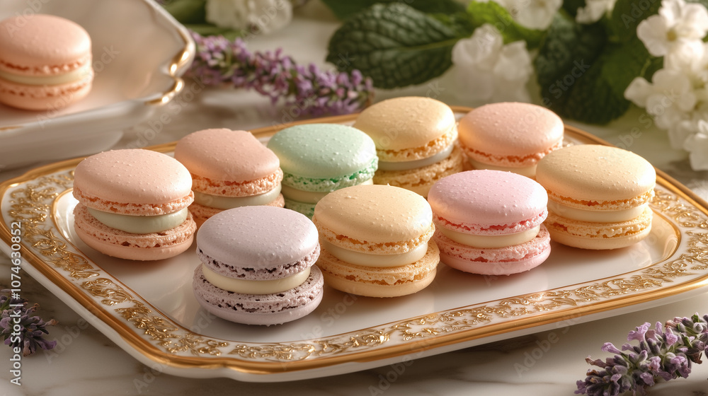 Obraz premium Présentation Élegante de Macarons Colorés sur Plateau Raffiné