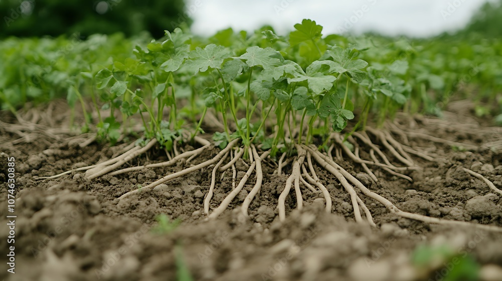 A close-up of the roots of cover crops, holding the soil together and preventing erosion. A close-up of the roots of cover crops, holding the soil together and preventing erosion.