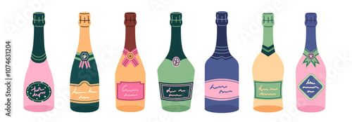 Сhampagne bottles set. Alcohol drink collection. Holiday beverage. New year party.