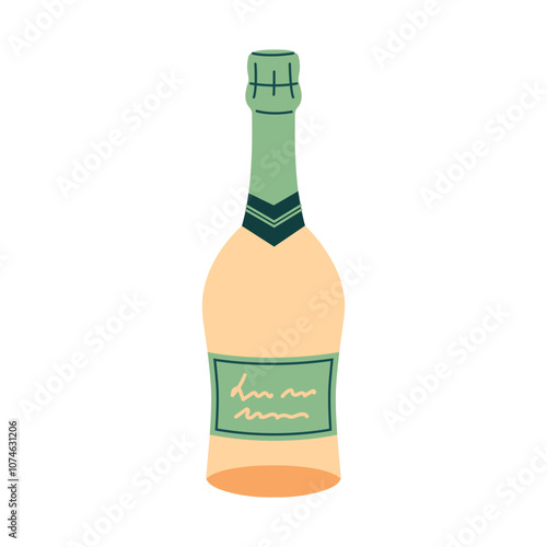 Yellow champagne bottle. Happy holiday item. Alcohol drink. Holiday beverage. New year party.