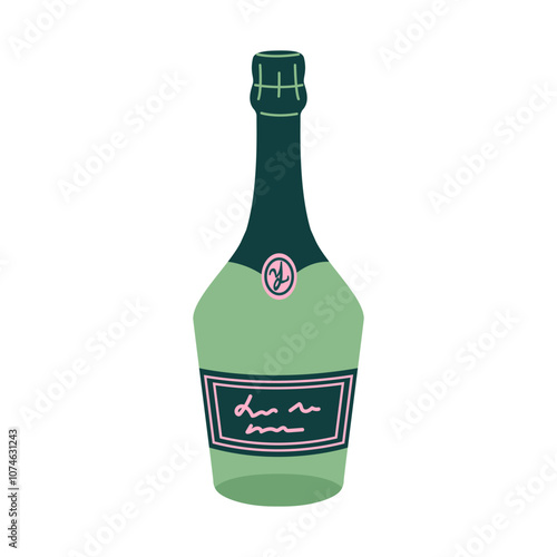 Green champagne bottle. Happy holiday item. Alcohol drink. Holiday beverage. New year party.