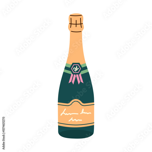 Champagne bottle isolated on white background. Alcohol drink. Holiday beverage. New year party.