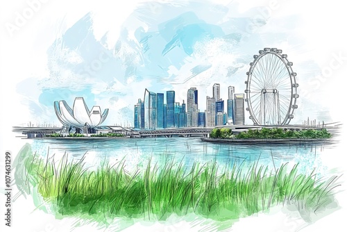 sketch city scape,of Singapore skyline, free hand draw illustration vector
