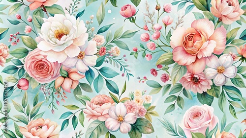 A Seamless Floral Pattern with Delicate Blooms and Lush Greenery on a Soft Aqua Background