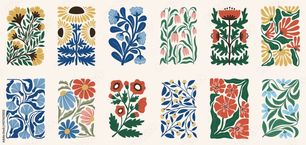 Modern flowers. Decorative contemporary plants, Matisse style botanical elements, abstract shapes, trendy composition, covers or prints ornament design, daisy and tulip tidy vector isolated set