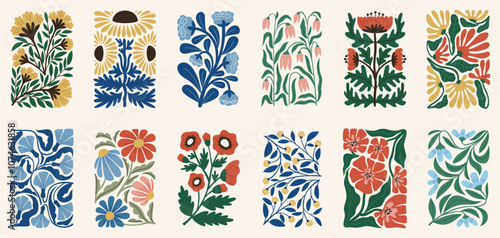 Obraz na płótnie Modern flowers. Decorative contemporary plants, Matisse style botanical elements, abstract shapes, trendy composition, covers or prints ornament design, daisy and tulip tidy vector isolated set w salonie