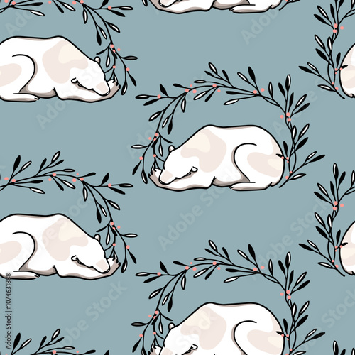 Vector seamless pattern with hand drawn sweet sleeping polar bears in floral leafy wreaths. Beautiful ink drawing, animal illustration. Perfect for cold season prints and patterns