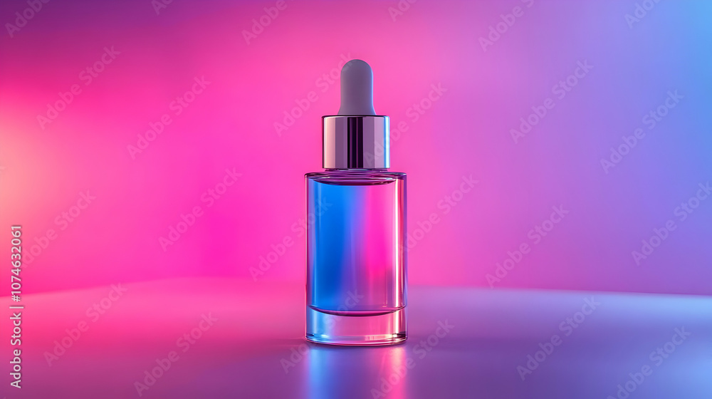 Glass Bottle With Dropper on Pink and Blue Background - Illustration Glass Bottle With Dropper on Pink and Blue Background - Illustration