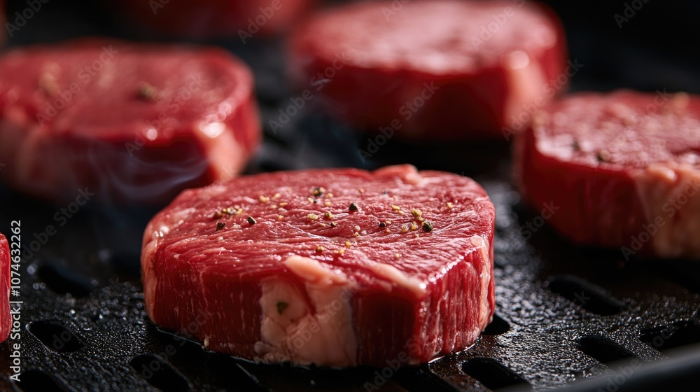 Raw beef steaks on a grill pan. Raw beef steaks on a grill pan.