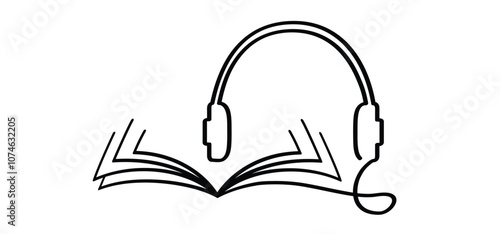 Audiobooks. Cartoon open book and pages. Education concept. Line drawing. Opened books sign. Book store logo. Flying pages. World book day. Audio book concept.
