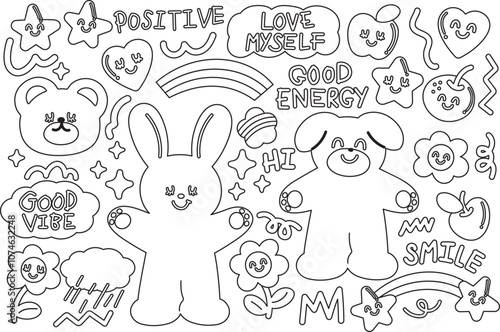 Outline of teddy bear, bunny, puppy, flowers, star, heart, apple, orange, rainbow, rain and clouds for cartoon characters, animals, zoo, souvenir shop, cute patch, kid colouring book, art, painting