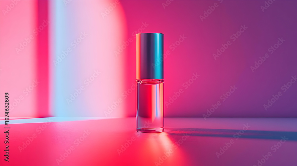 Glass Bottle on a White Table with Pink and Blue Neon Lights - 3D Illustration Glass Bottle on a White Table with Pink and Blue Neon Lights - 3D Illustration